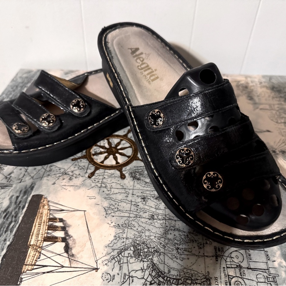 Alegria Shiny Black Slide Sandals with Decorative Buttons